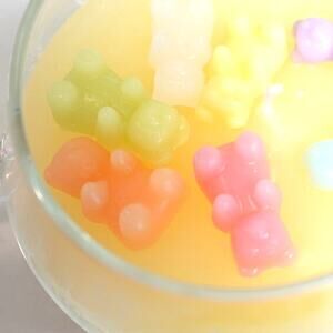Hand poured Teacup Candle / Topped with Scented Gummy Bears / Spring Yellow